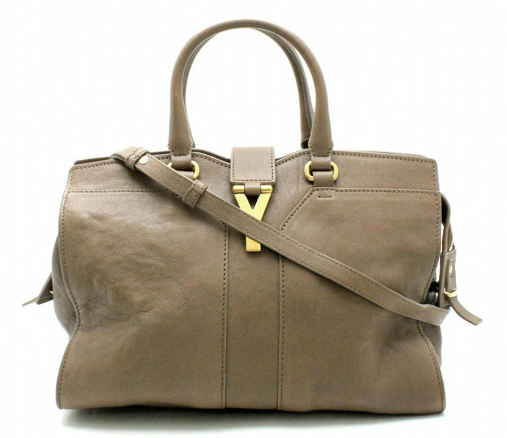 Saint Laurent Yves YSL Yves Tote Bag Handbag Leather Brown Beige Cream